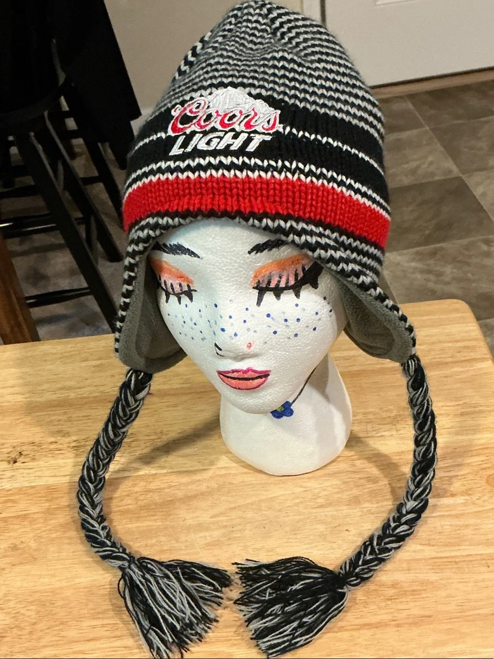 Coors Light Winter Knit Hat w/Ear Flaps & Tassels Fleece Lined One Size EUC